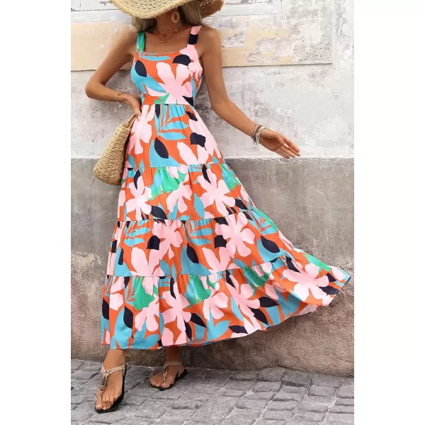 imagePRETTYGARDEN Womens Summer Floral Maxi Dress Sleeveless Smocked Tiered Ruffle Long Flowy Cute Casual Beach Boho SundressesFloral Orange Pink