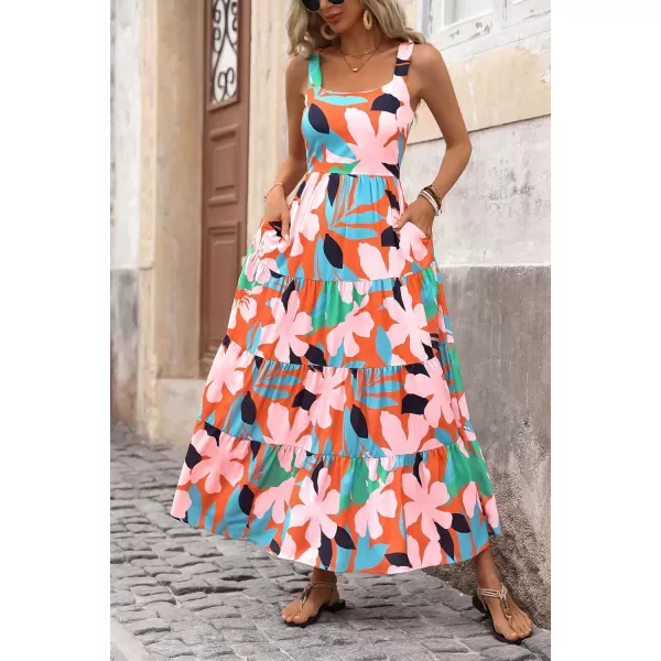 imagePRETTYGARDEN Womens Summer Floral Maxi Dress Sleeveless Smocked Tiered Ruffle Long Flowy Cute Casual Beach Boho SundressesFloral Orange Pink
