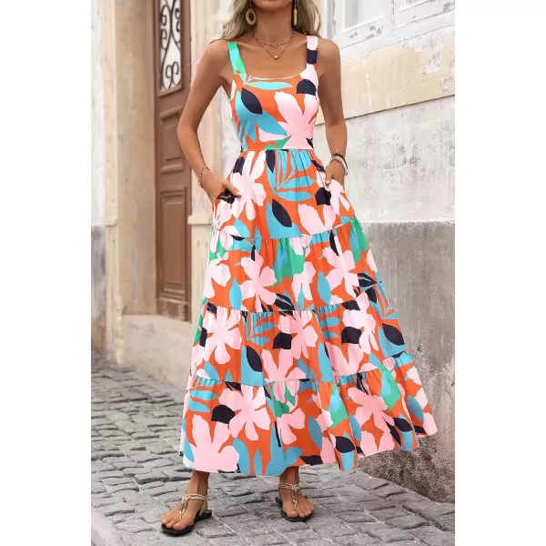 imagePRETTYGARDEN Womens Summer Floral Maxi Dress Sleeveless Smocked Tiered Ruffle Long Flowy Cute Casual Beach Boho SundressesFloral Orange Pink