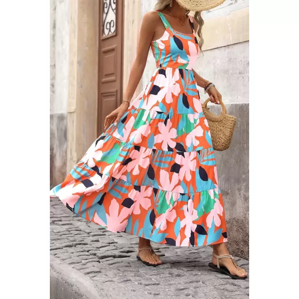 imagePRETTYGARDEN Womens Summer Floral Maxi Dress Sleeveless Smocked Tiered Ruffle Long Flowy Cute Casual Beach Boho SundressesFloral Orange Pink
