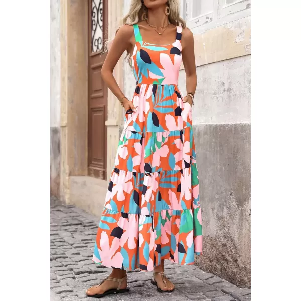 imagePRETTYGARDEN Womens Summer Floral Maxi Dress Sleeveless Smocked Tiered Ruffle Long Flowy Cute Casual Beach Boho SundressesFloral Orange Pink