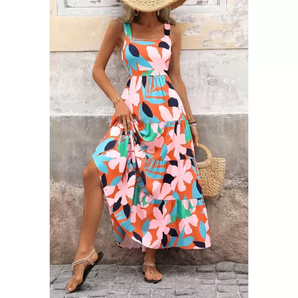 imagePRETTYGARDEN Womens Summer Floral Maxi Dress Sleeveless Smocked Tiered Ruffle Long Flowy Cute Casual Beach Boho SundressesFloral Orange Pink