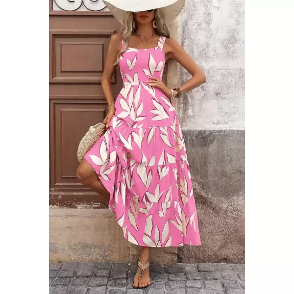 imagePRETTYGARDEN Womens Summer Floral Maxi Dress Sleeveless Smocked Tiered Ruffle Long Flowy Cute Casual Beach Boho SundressesFloral Pink Beige