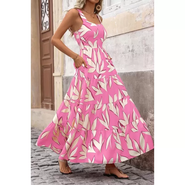 imagePRETTYGARDEN Womens Summer Floral Maxi Dress Sleeveless Smocked Tiered Ruffle Long Flowy Cute Casual Beach Boho SundressesFloral Pink Beige