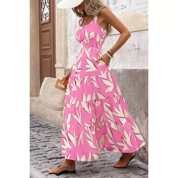 imagePRETTYGARDEN Womens Summer Floral Maxi Dress Sleeveless Smocked Tiered Ruffle Long Flowy Cute Casual Beach Boho SundressesFloral Pink Beige