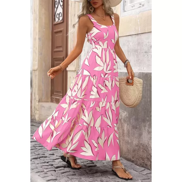 imagePRETTYGARDEN Womens Summer Floral Maxi Dress Sleeveless Smocked Tiered Ruffle Long Flowy Cute Casual Beach Boho SundressesFloral Pink Beige