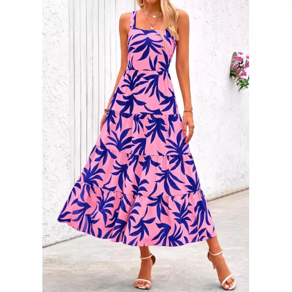 imagePRETTYGARDEN Womens Summer Floral Maxi Dress Sleeveless Smocked Tiered Ruffle Long Flowy Cute Casual Beach Boho SundressesFloral Pink Blue