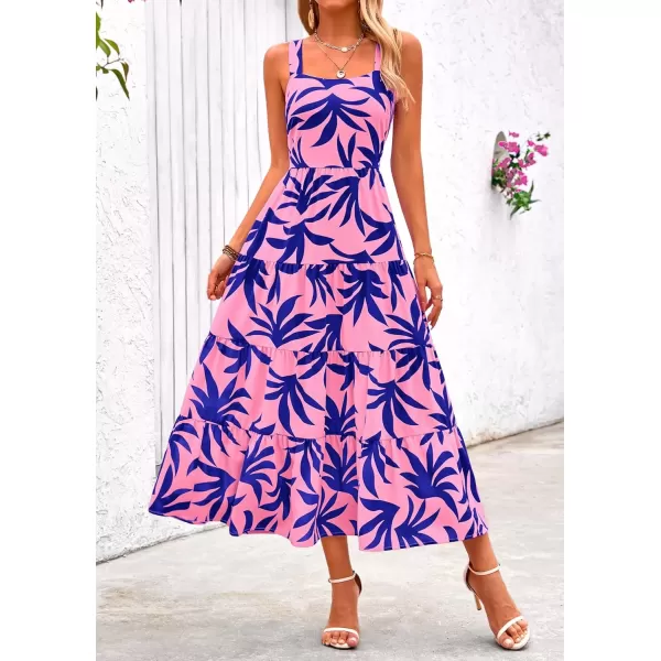 imagePRETTYGARDEN Womens Summer Floral Maxi Dress Sleeveless Smocked Tiered Ruffle Long Flowy Cute Casual Beach Boho SundressesFloral Pink Blue