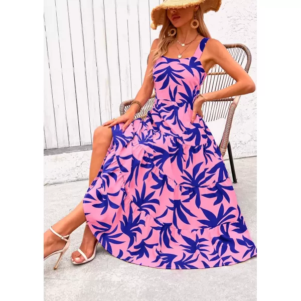 imagePRETTYGARDEN Womens Summer Floral Maxi Dress Sleeveless Smocked Tiered Ruffle Long Flowy Cute Casual Beach Boho SundressesFloral Pink Blue