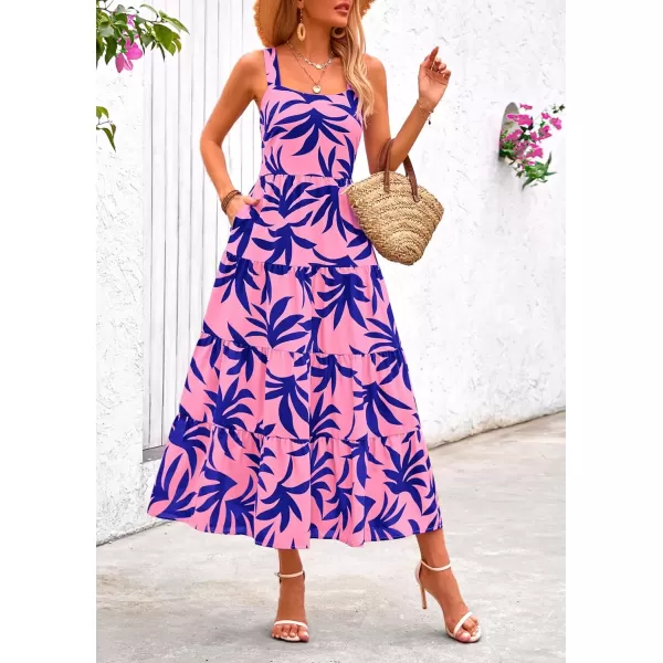 imagePRETTYGARDEN Womens Summer Floral Maxi Dress Sleeveless Smocked Tiered Ruffle Long Flowy Cute Casual Beach Boho SundressesFloral Pink Blue