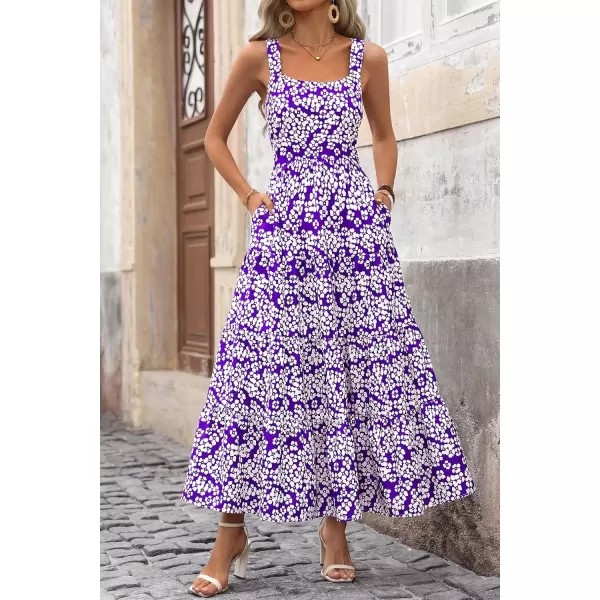 imagePRETTYGARDEN Womens Summer Floral Maxi Dress Sleeveless Smocked Tiered Ruffle Long Flowy Cute Casual Beach Boho SundressesFloral Purple White