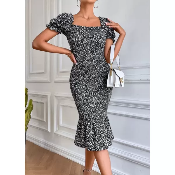 imagePRETTYGARDEN Womens Summer Floral Midi Bodycon Dresses Short Puff Sleeve Square Neck Ruffle Hem Mermaid Cocktail DressBlack