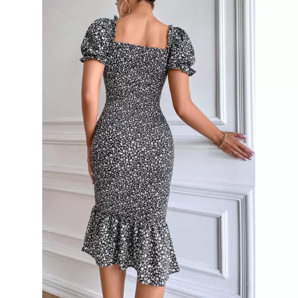 imagePRETTYGARDEN Womens Summer Floral Midi Bodycon Dresses Short Puff Sleeve Square Neck Ruffle Hem Mermaid Cocktail DressBlack