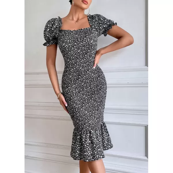 imagePRETTYGARDEN Womens Summer Floral Midi Bodycon Dresses Short Puff Sleeve Square Neck Ruffle Hem Mermaid Cocktail DressBlack