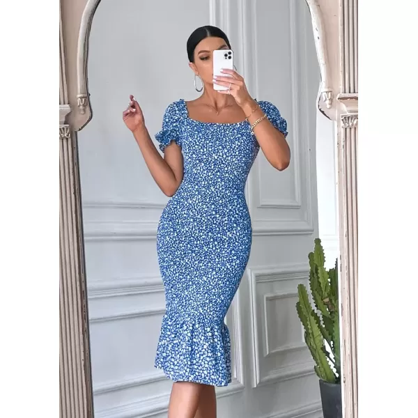 imagePRETTYGARDEN Womens Summer Floral Midi Bodycon Dresses Short Puff Sleeve Square Neck Ruffle Hem Mermaid Cocktail DressBlue