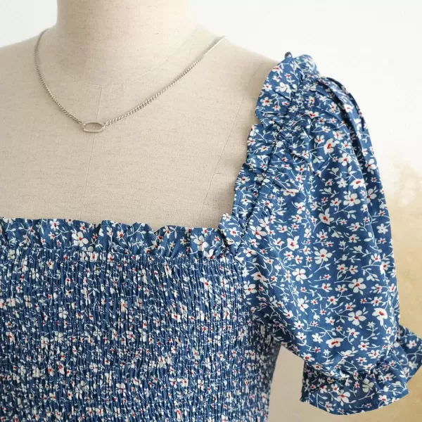 imagePRETTYGARDEN Womens Summer Floral Midi Bodycon Dresses Short Puff Sleeve Square Neck Ruffle Hem Mermaid Cocktail DressBlue