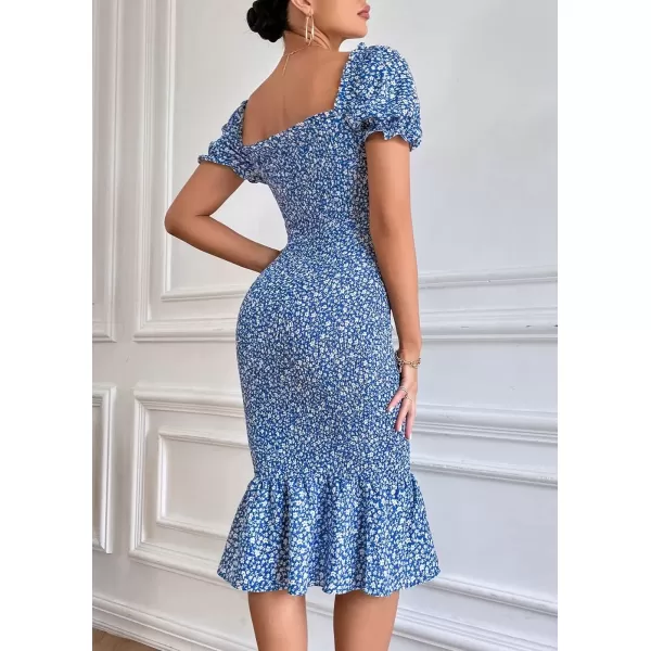imagePRETTYGARDEN Womens Summer Floral Midi Bodycon Dresses Short Puff Sleeve Square Neck Ruffle Hem Mermaid Cocktail DressBlue