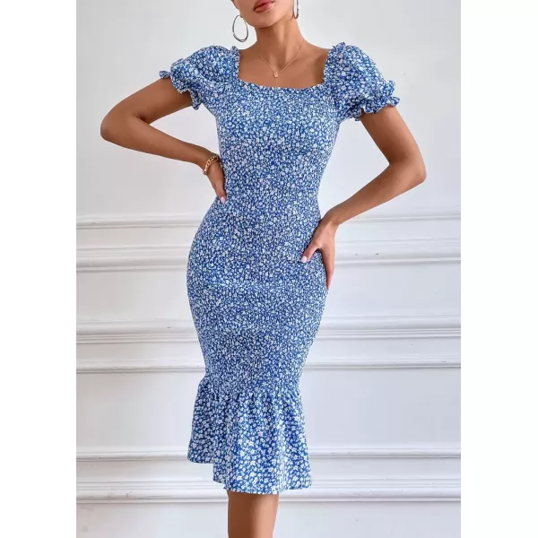 imagePRETTYGARDEN Womens Summer Floral Midi Bodycon Dresses Short Puff Sleeve Square Neck Ruffle Hem Mermaid Cocktail DressBlue