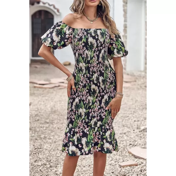 imagePRETTYGARDEN Womens Summer Floral Midi Bodycon Dresses Short Puff Sleeve Square Neck Ruffle Hem Mermaid Cocktail DressFloral Black Green Red