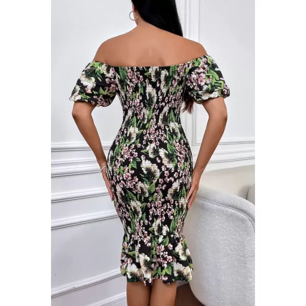 imagePRETTYGARDEN Womens Summer Floral Midi Bodycon Dresses Short Puff Sleeve Square Neck Ruffle Hem Mermaid Cocktail DressFloral Black Green Red