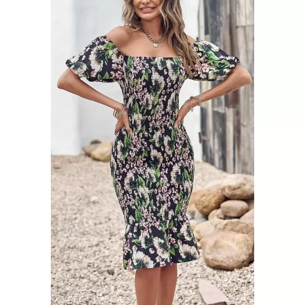 imagePRETTYGARDEN Womens Summer Floral Midi Bodycon Dresses Short Puff Sleeve Square Neck Ruffle Hem Mermaid Cocktail DressFloral Black Green Red