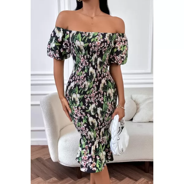 imagePRETTYGARDEN Womens Summer Floral Midi Bodycon Dresses Short Puff Sleeve Square Neck Ruffle Hem Mermaid Cocktail DressFloral Black Green Red