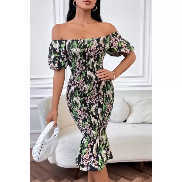 imagePRETTYGARDEN Womens Summer Floral Midi Bodycon Dresses Short Puff Sleeve Square Neck Ruffle Hem Mermaid Cocktail DressFloral Black Green Red