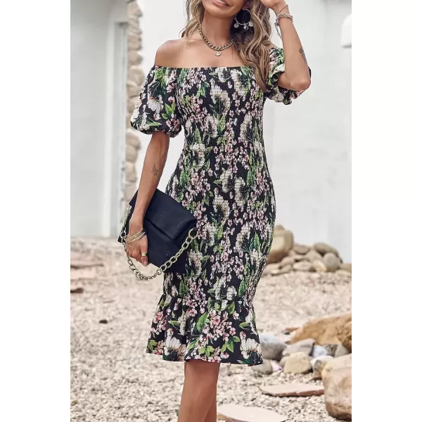 imagePRETTYGARDEN Womens Summer Floral Midi Bodycon Dresses Short Puff Sleeve Square Neck Ruffle Hem Mermaid Cocktail DressFloral Black Green Red