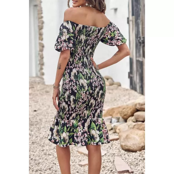 imagePRETTYGARDEN Womens Summer Floral Midi Bodycon Dresses Short Puff Sleeve Square Neck Ruffle Hem Mermaid Cocktail DressFloral Black Green Red