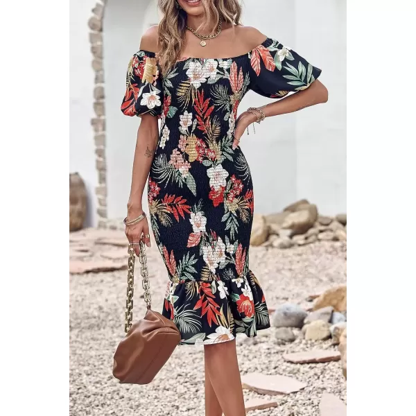 imagePRETTYGARDEN Womens Summer Floral Midi Bodycon Dresses Short Puff Sleeve Square Neck Ruffle Hem Mermaid Cocktail DressFloral Black Red
