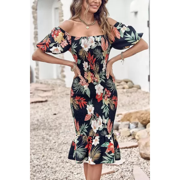 imagePRETTYGARDEN Womens Summer Floral Midi Bodycon Dresses Short Puff Sleeve Square Neck Ruffle Hem Mermaid Cocktail DressFloral Black Red