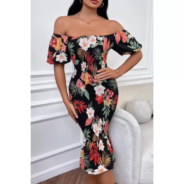 imagePRETTYGARDEN Womens Summer Floral Midi Bodycon Dresses Short Puff Sleeve Square Neck Ruffle Hem Mermaid Cocktail DressFloral Black Red