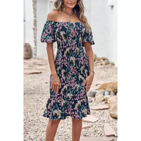 imagePRETTYGARDEN Womens Summer Floral Midi Bodycon Dresses Short Puff Sleeve Square Neck Ruffle Hem Mermaid Cocktail DressFloral Blue Green Red