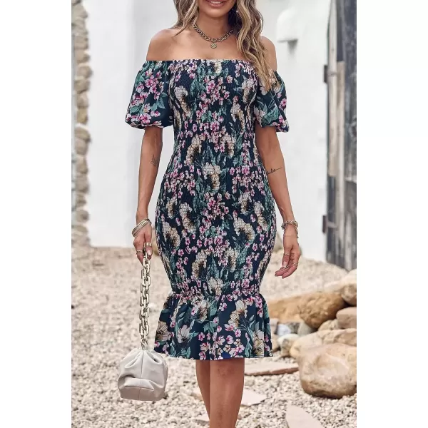 imagePRETTYGARDEN Womens Summer Floral Midi Bodycon Dresses Short Puff Sleeve Square Neck Ruffle Hem Mermaid Cocktail DressFloral Blue Green Red