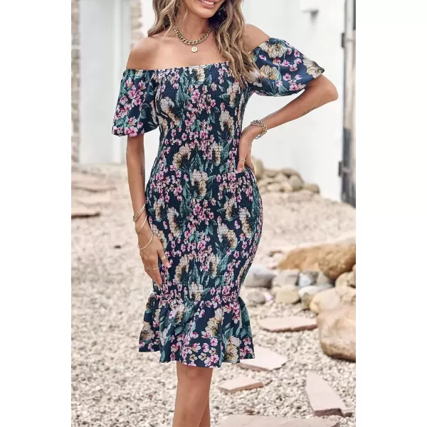 imagePRETTYGARDEN Womens Summer Floral Midi Bodycon Dresses Short Puff Sleeve Square Neck Ruffle Hem Mermaid Cocktail DressFloral Blue Green Red