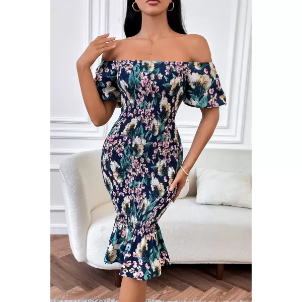 imagePRETTYGARDEN Womens Summer Floral Midi Bodycon Dresses Short Puff Sleeve Square Neck Ruffle Hem Mermaid Cocktail DressFloral Blue Green Red