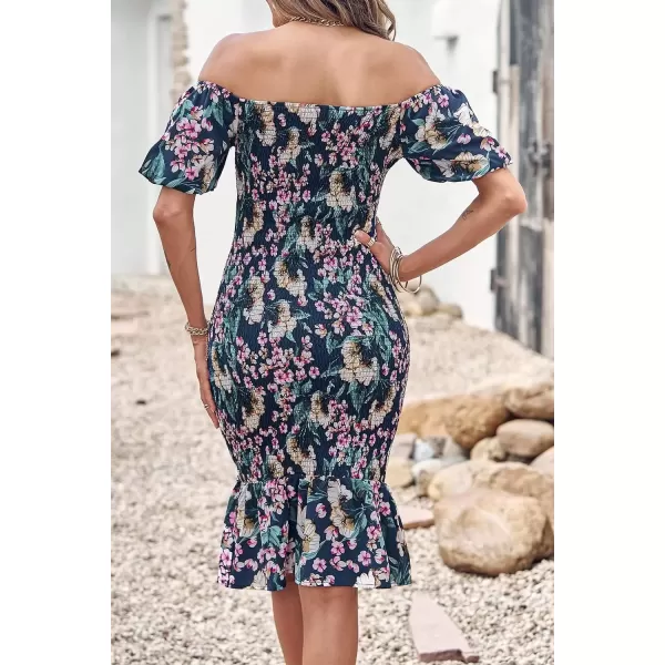 imagePRETTYGARDEN Womens Summer Floral Midi Bodycon Dresses Short Puff Sleeve Square Neck Ruffle Hem Mermaid Cocktail DressFloral Blue Green Red