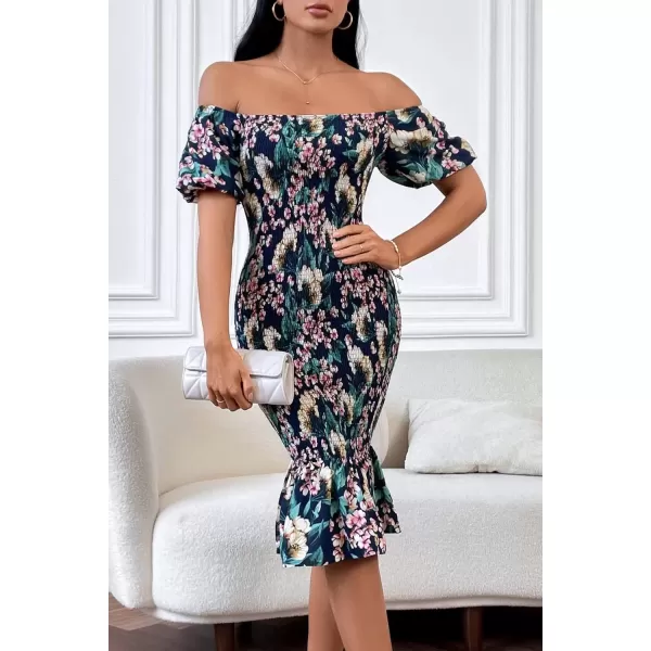 imagePRETTYGARDEN Womens Summer Floral Midi Bodycon Dresses Short Puff Sleeve Square Neck Ruffle Hem Mermaid Cocktail DressFloral Blue Green Red