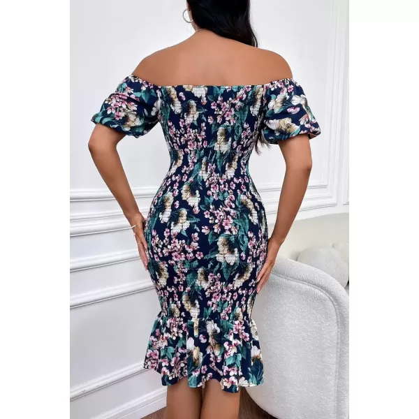 imagePRETTYGARDEN Womens Summer Floral Midi Bodycon Dresses Short Puff Sleeve Square Neck Ruffle Hem Mermaid Cocktail DressFloral Blue Green Red