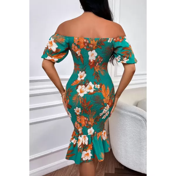 imagePRETTYGARDEN Womens Summer Floral Midi Bodycon Dresses Short Puff Sleeve Square Neck Ruffle Hem Mermaid Cocktail DressFloral Green Orange