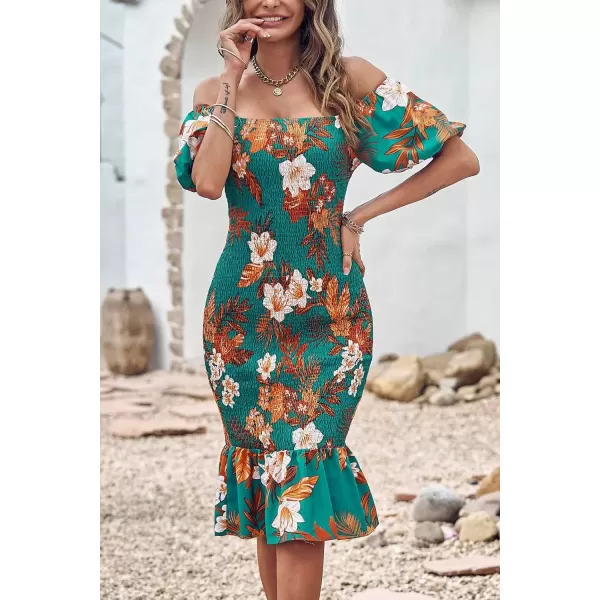 imagePRETTYGARDEN Womens Summer Floral Midi Bodycon Dresses Short Puff Sleeve Square Neck Ruffle Hem Mermaid Cocktail DressFloral Green Orange