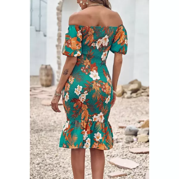 imagePRETTYGARDEN Womens Summer Floral Midi Bodycon Dresses Short Puff Sleeve Square Neck Ruffle Hem Mermaid Cocktail DressFloral Green Orange