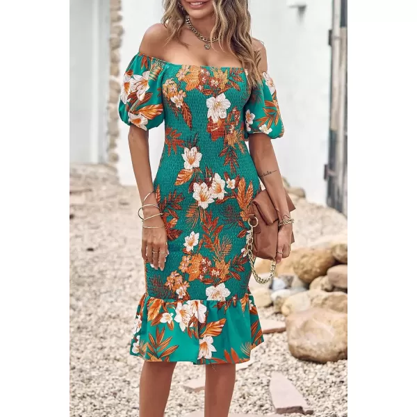 imagePRETTYGARDEN Womens Summer Floral Midi Bodycon Dresses Short Puff Sleeve Square Neck Ruffle Hem Mermaid Cocktail DressFloral Green Orange