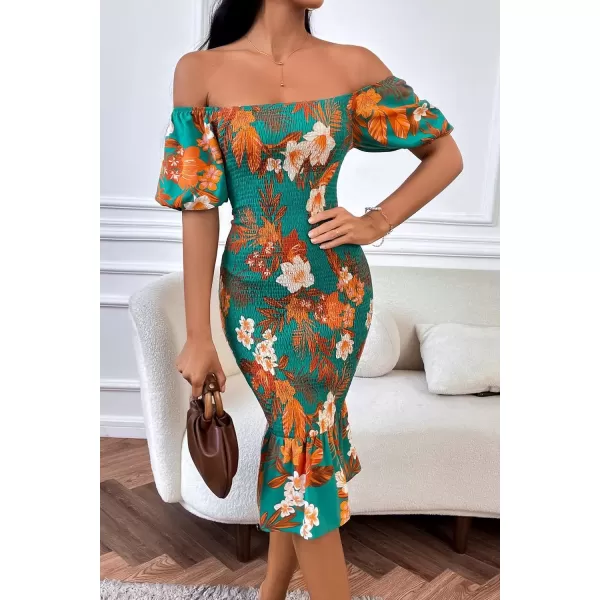 imagePRETTYGARDEN Womens Summer Floral Midi Bodycon Dresses Short Puff Sleeve Square Neck Ruffle Hem Mermaid Cocktail DressFloral Green Orange