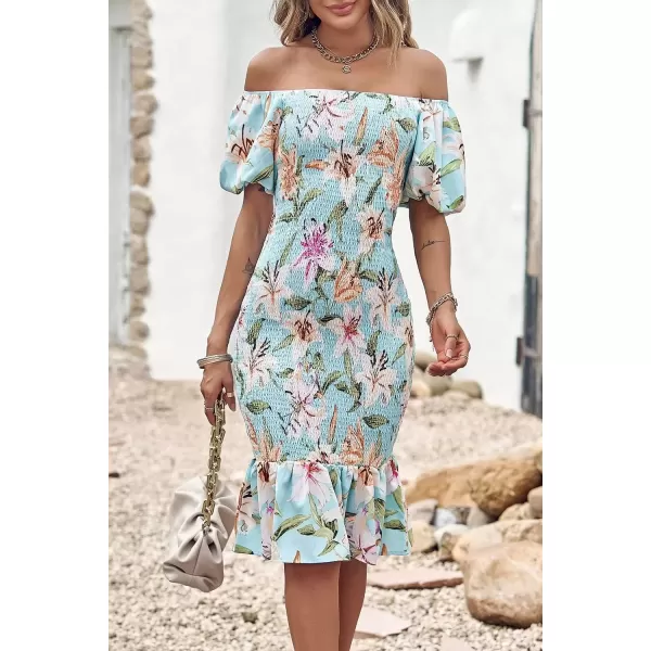 imagePRETTYGARDEN Womens Summer Floral Midi Bodycon Dresses Short Puff Sleeve Square Neck Ruffle Hem Mermaid Cocktail DressFloral Light Green White