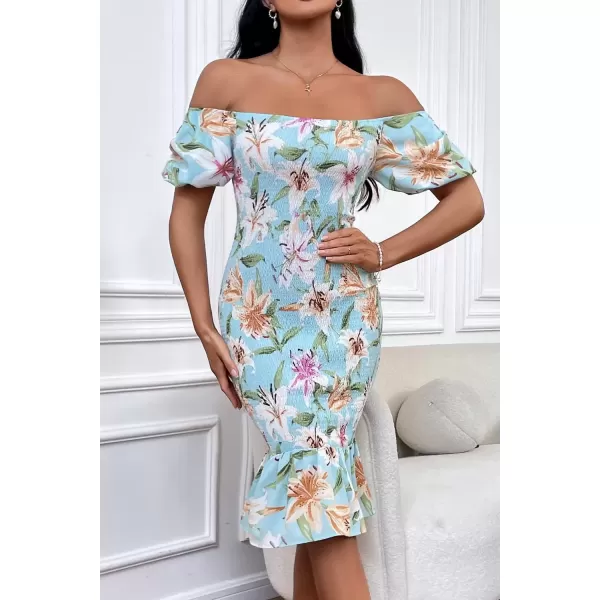 imagePRETTYGARDEN Womens Summer Floral Midi Bodycon Dresses Short Puff Sleeve Square Neck Ruffle Hem Mermaid Cocktail DressFloral Light Green White