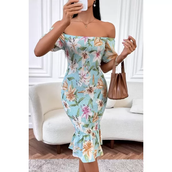 imagePRETTYGARDEN Womens Summer Floral Midi Bodycon Dresses Short Puff Sleeve Square Neck Ruffle Hem Mermaid Cocktail DressFloral Light Green White