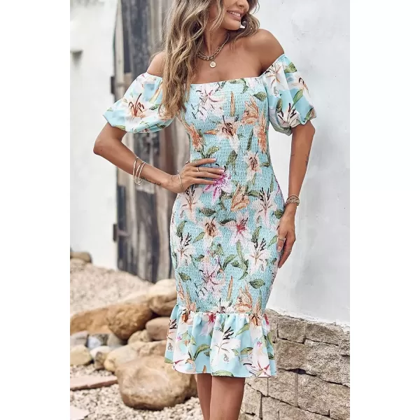 imagePRETTYGARDEN Womens Summer Floral Midi Bodycon Dresses Short Puff Sleeve Square Neck Ruffle Hem Mermaid Cocktail DressFloral Light Green White