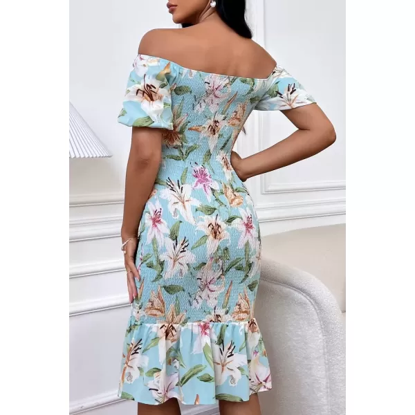 imagePRETTYGARDEN Womens Summer Floral Midi Bodycon Dresses Short Puff Sleeve Square Neck Ruffle Hem Mermaid Cocktail DressFloral Light Green White