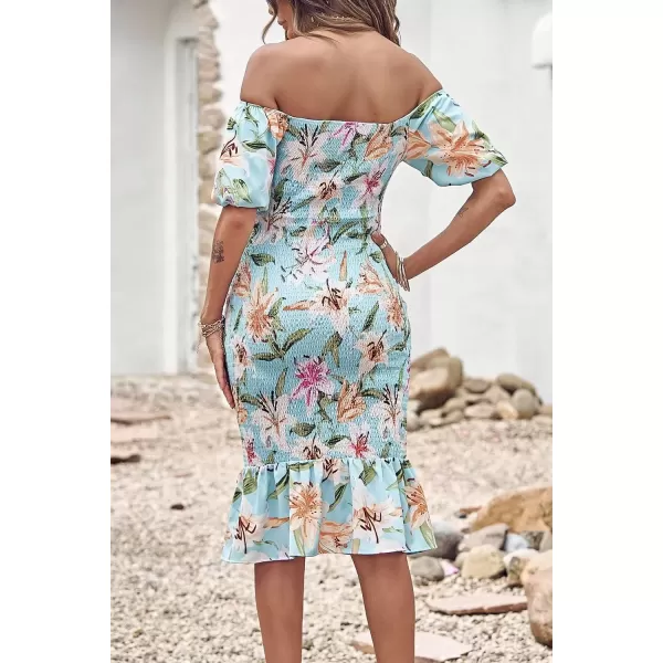 imagePRETTYGARDEN Womens Summer Floral Midi Bodycon Dresses Short Puff Sleeve Square Neck Ruffle Hem Mermaid Cocktail DressFloral Light Green White